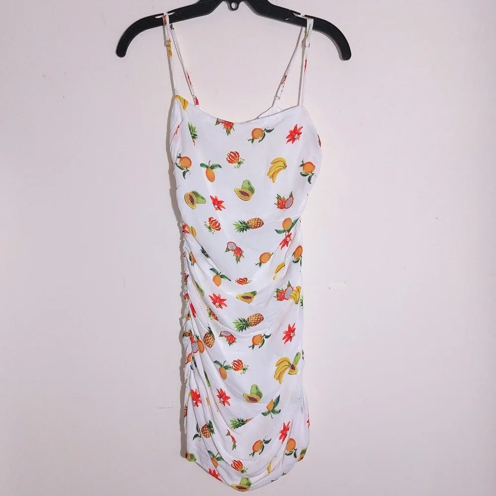 WEWOREWHAT Fruit Print Ruched Spaghetti Strap Mini Dress XS - Picture 4 of 15